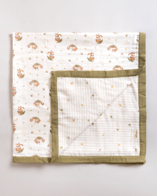 Twingle 100% Organic Muslin Cozy Roars Baby Bedding Set-Pack of 5-Reversible Blanket, All-round Elastic Bedsheet, Pillow & Bolsters-Eco Certified Genesta baby safe Inks-White & Blue-For Infants