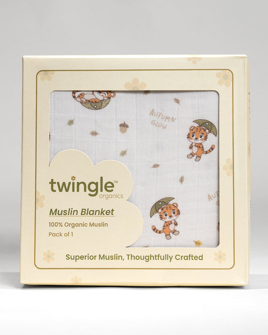 Twingle 100% Organic Muslin Cozy Roars Baby Bedding Set-Pack of 5-Reversible Blanket, All-round Elastic Bedsheet, Pillow & Bolsters-Eco Certified Genesta baby safe Inks-White & Blue-For Infants