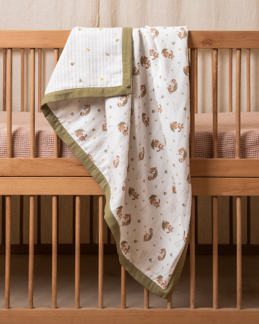 Twingle 100% Organic Muslin Reversible Baby Blanket-4-Layer Plush Weave Muslin-Naturally Temperature Regulating-Cozy Roars & Autumn Vibes Print-White & Grey-For Infants