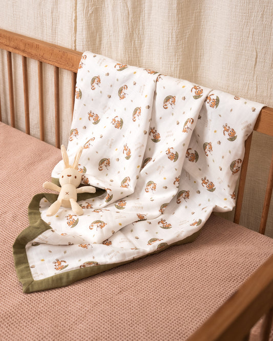 Twingle 100% Organic Muslin Reversible Baby Blanket-4-Layer Plush Weave Muslin-Naturally Temperature Regulating-Cozy Roars & Autumn Vibes Print-White & Grey-For Infants