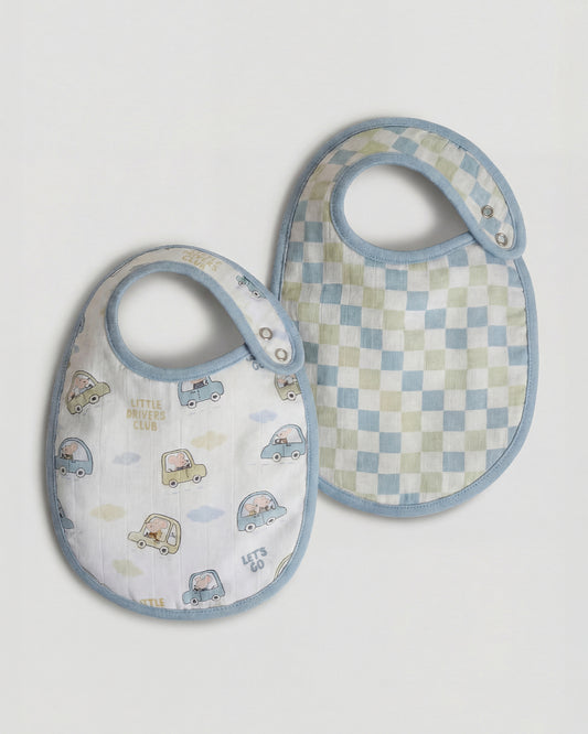Twingle 100% Organic Muslin Bib-Soft Terry on the Back for maximum Absorbency-Trusted YKK Snaps-Drivers & Checks Print-Pack of 2-For Infants