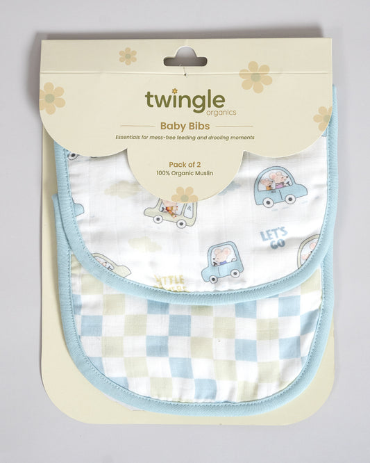 Twingle 100% Organic Muslin Bib-Soft Terry on the Back for maximum Absorbency-Trusted YKK Snaps-Drivers & Checks Print-Pack of 2-For Infants