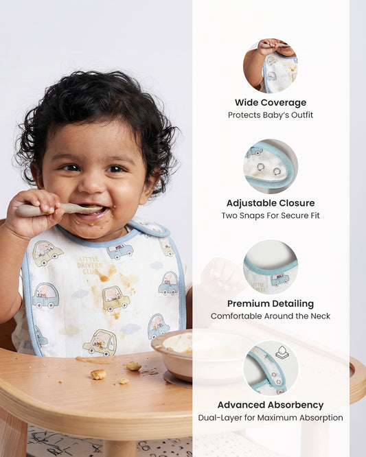 Twingle 100% Organic Muslin Bib-Soft Terry on the Back for maximum Absorbency-Trusted YKK Snaps-Drivers & Checks Print-Pack of 2-For Infants