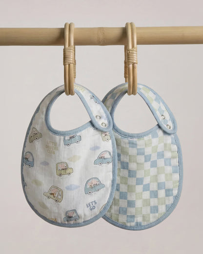 Twingle 100% Organic Muslin Bib-Soft Terry on the Back for maximum Absorbency-Trusted YKK Snaps-Drivers & Checks Print-Pack of 2-For Infants