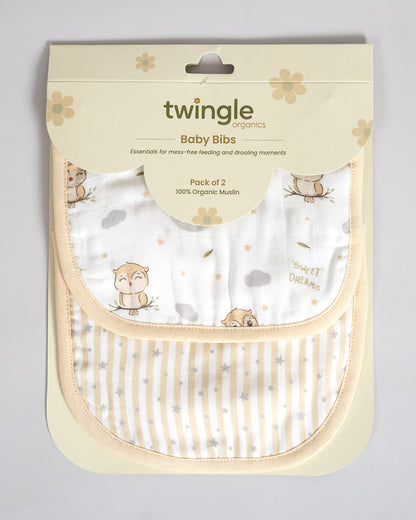 Twingle 100% Organic Muslin Bib-Soft Terry on the Back for maximum Absorbency-Trusted YKK Snaps-Owls & Stars Print-Pack of 2-For Infants