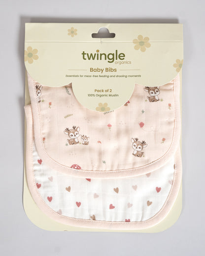 Twingle 100% Organic Muslin Bib-Soft Terry on the Back for maximum Absorbency-Trusted YKK Snaps-Deer & Hearts Print-Pack of 2-For Infants