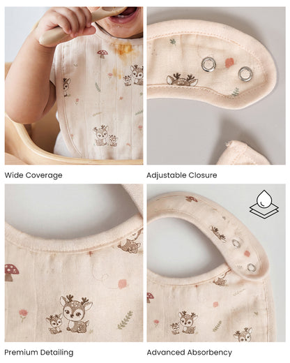 Twingle 100% Organic Muslin Bib-Soft Terry on the Back for maximum Absorbency-Trusted YKK Snaps-Deer & Hearts Print-Pack of 2-For Infants
