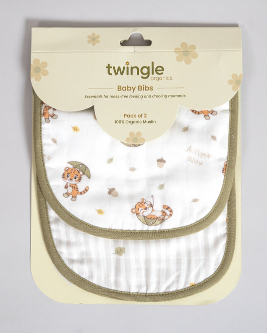 Twingle 100% Organic Muslin Bib-Soft Terry on the Back for maximum Absorbency-Trusted YKK Snaps-Roar & Autumn Print-Pack of 2-For Infants