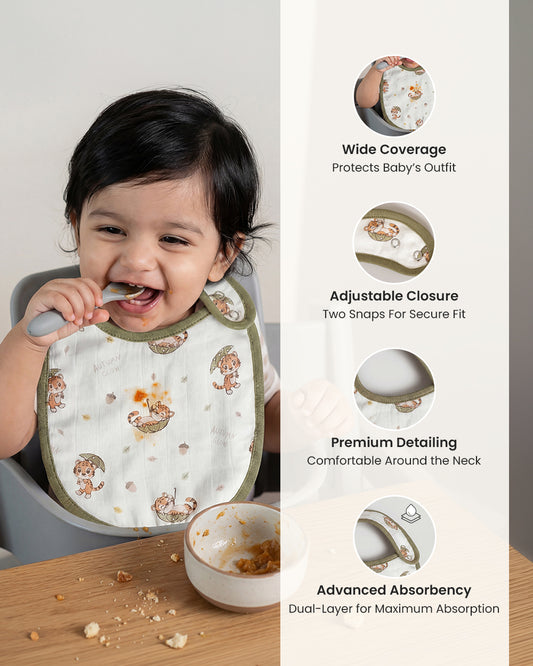 Twingle 100% Organic Muslin Bib-Soft Terry on the Back for maximum Absorbency-Trusted YKK Snaps-Roar & Autumn Print-Pack of 2-For Infants
