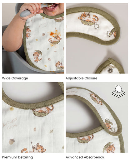Twingle 100% Organic Muslin Bib-Soft Terry on the Back for maximum Absorbency-Trusted YKK Snaps-Roar & Autumn Print-Pack of 2-For Infants
