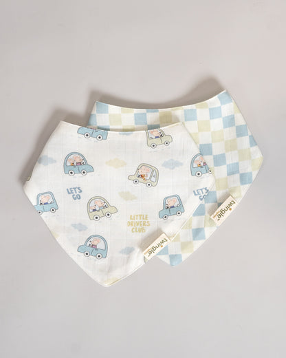 Twingle 100% Organic Muslin Bandana Bib-Dual Layer for Maximum Absorbency-Trusted YKK Snaps-Drivers & Checks Print-Pack of 2-For Infants