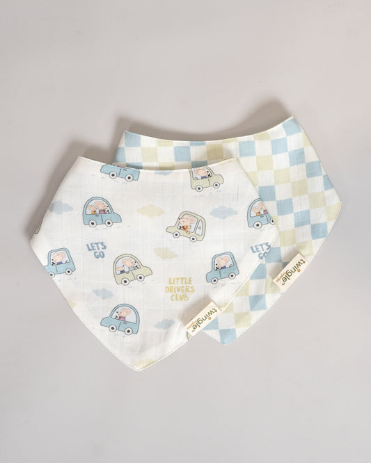 Twingle 100% Organic Muslin Bandana Bib-Dual Layer for Maximum Absorbency-Trusted YKK Snaps-Drivers & Checks Print-Pack of 2-For Infants