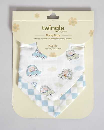 Twingle 100% Organic Muslin Bandana Bib-Dual Layer for Maximum Absorbency-Trusted YKK Snaps-Drivers & Checks Print-Pack of 2-For Infants