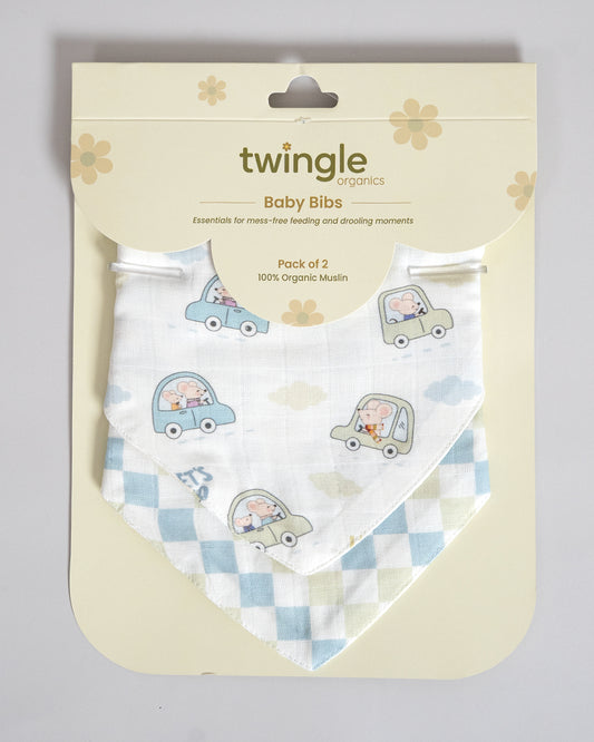 Twingle 100% Organic Muslin Bandana Bib-Dual Layer for Maximum Absorbency-Trusted YKK Snaps-Drivers & Checks Print-Pack of 2-For Infants