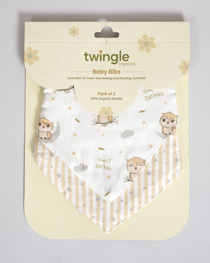 Twingle 100% Organic Muslin Bandana Bib-Dual Layer for Maximum Absorbency-Trusted YKK Snaps-Owls & Stars Print-Pack of 2-For Infants