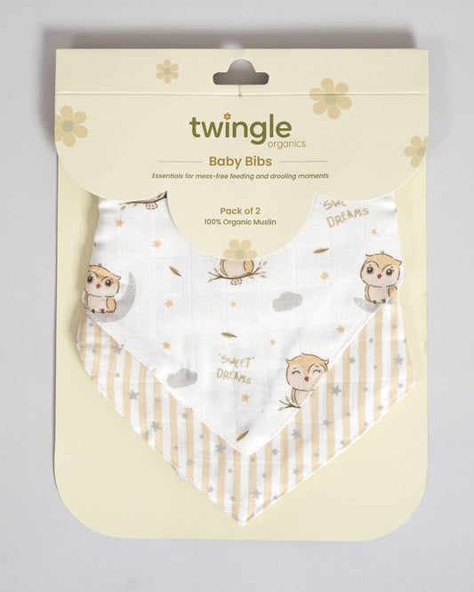 Twingle 100% Organic Muslin Bandana Bib-Dual Layer for Maximum Absorbency-Trusted YKK Snaps-Owls & Stars Print-Pack of 2-For Infants