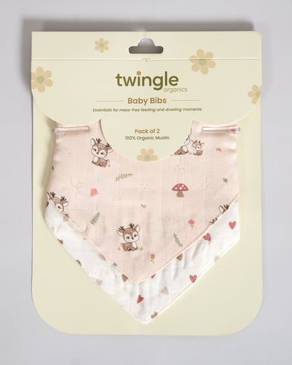 Twingle 100% Organic Muslin Bandana Bib-Dual Layer for Maximum Absorbency-Trusted YKK Snaps-Deer & Hearts Print-Pack of 2-For Infants
