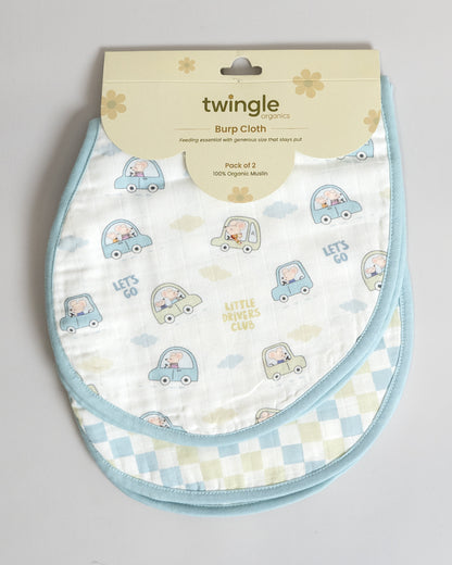 Twingle 100% Organic Muslin Burp Cloth-Reversible Design-Converts to Bib-Trusted YKK Snap-Driver & Checks Print-Pack of 2-For Infants
