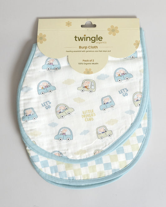 Twingle 100% Organic Muslin Burp Cloth-Reversible Design-Converts to Bib-Trusted YKK Snap-Driver & Checks Print-Pack of 2-For Infants