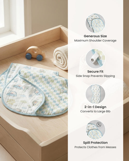 Twingle 100% Organic Muslin Burp Cloth-Reversible Design-Converts to Bib-Trusted YKK Snap-Driver & Checks Print-Pack of 2-For Infants