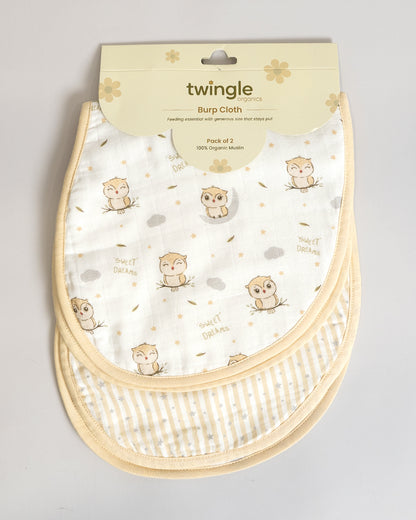 Twingle 100% Organic Muslin Burp Cloth-Reversible Design-Converts to Bib-Trusted YKK Snap-Owls & Stars Print-Pack of 2-For Infants