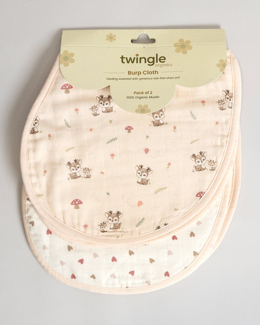 Twingle 100% Organic Muslin Burp Cloth-Reversible Design-Converts to Bib-Trusted YKK Snap-Deer & Hearts Print-Pack of 2-For Infants