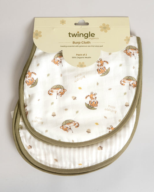 Twingle 100% Organic Muslin Burp Cloth-Reversible Design-Converts to Bib-Trusted YKK Snap-Roar & Autumn Print-Pack of 2-For Infants