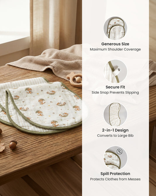Twingle 100% Organic Muslin Burp Cloth-Reversible Design-Converts to Bib-Trusted YKK Snap-Roar & Autumn Print-Pack of 2-For Infants