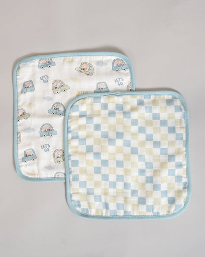 Twingle 100% Organic Muslin Hooded Towel with 2 Face Towels-Gentle on Delicate Skin-Backed by Highly Absorbent Terry-Little Drivers & Checks Print-Pack of 3-For Infants