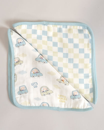 Twingle 100% Organic Muslin Hooded Towel with 2 Face Towels-Gentle on Delicate Skin-Backed by Highly Absorbent Terry-Little Drivers & Checks Print-Pack of 3-For Infants