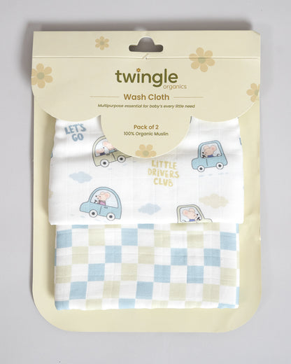 Twingle 100% Organic Muslin Wash Cloths-Soft Terry on the Back for maximum Absorbency-Built In Loop for Everyday Convenience-Driver & Checks Print-Pack of 2-For Infants