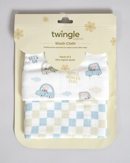 Twingle 100% Organic Muslin Hooded Towel with 2 Face Towels-Gentle on Delicate Skin-Backed by Highly Absorbent Terry-Little Drivers & Checks Print-Pack of 3-For Infants