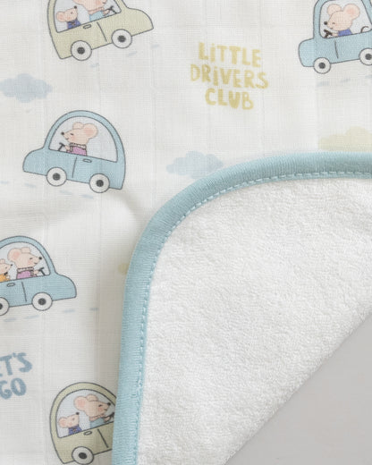 Twingle 100% Organic Muslin Wash Cloths-Soft Terry on the Back for maximum Absorbency-Built In Loop for Everyday Convenience-Driver & Checks Print-Pack of 2-For Infants