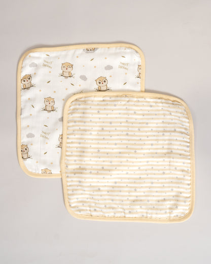 Twingle 100% Organic Muslin Wash Cloths-Soft Terry on the Back for maximum Absorbency-Built In Loop for Everyday Convenience-Owls & Stars Print-Pack of 2-For Infants