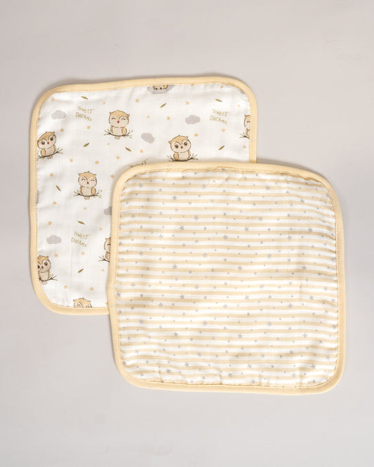 Twingle 100% Organic Muslin Wash Cloths-Soft Terry on the Back for maximum Absorbency-Built In Loop for Everyday Convenience-Owls & Stars Print-Pack of 2-For Infants