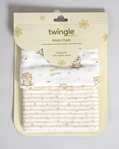 Twingle 100% Organic Muslin Wash Cloths-Soft Terry on the Back for maximum Absorbency-Built In Loop for Everyday Convenience-Owls & Stars Print-Pack of 2-For Infants
