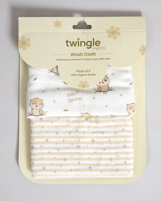 Twingle 100% Organic Muslin Wash Cloths-Soft Terry on the Back for maximum Absorbency-Built In Loop for Everyday Convenience-Owls & Stars Print-Pack of 2-For Infants