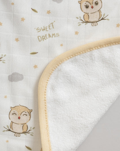 Twingle 100% Organic Muslin Wash Cloths-Soft Terry on the Back for maximum Absorbency-Built In Loop for Everyday Convenience-Owls & Stars Print-Pack of 2-For Infants