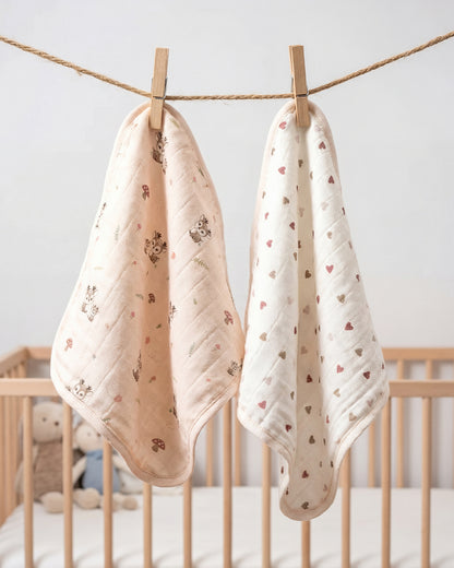 Twingle 100% Organic Muslin Wash Cloths-Soft Terry on the Back for maximum Absorbency-Built In Loop for Everyday Convenience-Deer & Hearts Print-Pack of 2-For Infants