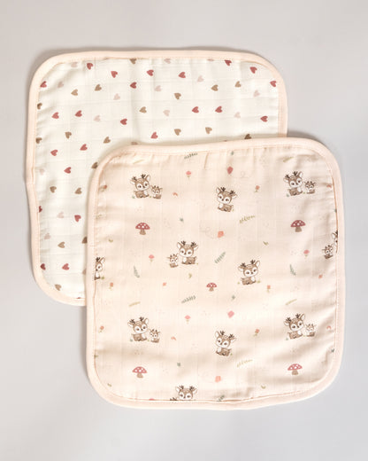Twingle 100% Organic Muslin Wash Cloths-Soft Terry on the Back for maximum Absorbency-Built In Loop for Everyday Convenience-Deer & Hearts Print-Pack of 2-For Infants