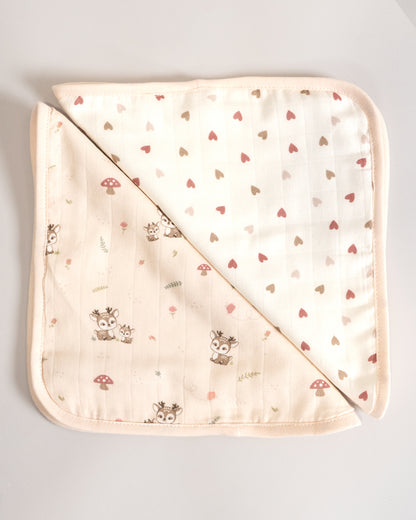 Twingle 100% Organic Muslin Wash Cloths-Soft Terry on the Back for maximum Absorbency-Built In Loop for Everyday Convenience-Deer & Hearts Print-Pack of 2-For Infants