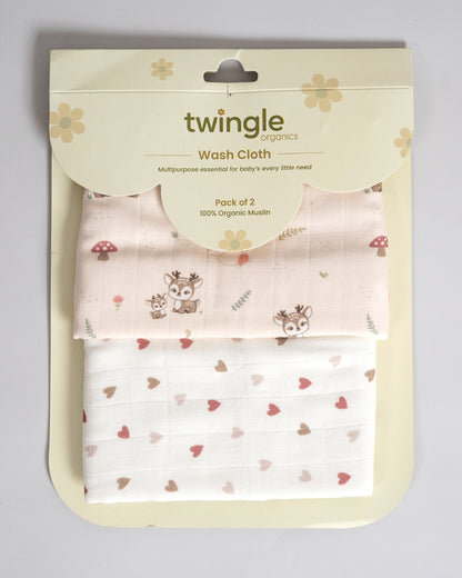 Twingle 100% Organic Muslin Wash Cloths-Soft Terry on the Back for maximum Absorbency-Built In Loop for Everyday Convenience-Deer & Hearts Print-Pack of 2-For Infants