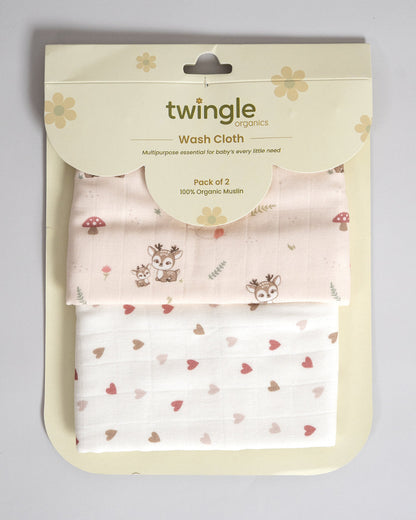 Twingle 100% Organic Muslin Hooded Towel with 2 Face Towels-Gentle on Delicate Skin-Backed by Highly Absorbent Terry-Deer & Hearts Print-Pack of 3-For Infants