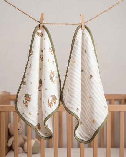 Twingle 100% Organic Muslin Wash Cloths-Soft Terry on the Back for maximum Absorbency-Built In Loop for Everyday Convenience-Roars & Autumn Print-Pack of 2-For Infants