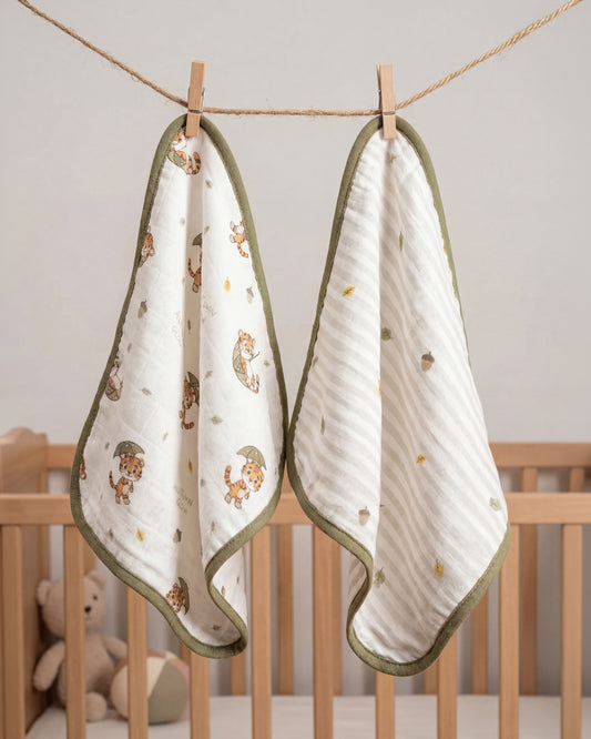 Twingle 100% Organic Muslin Wash Cloths-Soft Terry on the Back for maximum Absorbency-Built In Loop for Everyday Convenience-Roars & Autumn Print-Pack of 2-For Infants