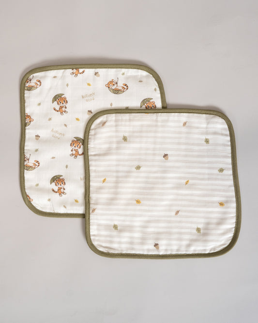 Twingle 100% Organic Muslin Wash Cloths-Soft Terry on the Back for maximum Absorbency-Built In Loop for Everyday Convenience-Roars & Autumn Print-Pack of 2-For Infants