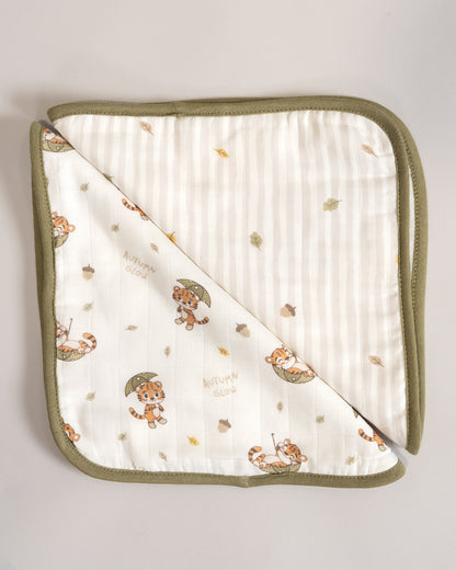 Twingle 100% Organic Muslin Wash Cloths-Soft Terry on the Back for maximum Absorbency-Built In Loop for Everyday Convenience-Roars & Autumn Print-Pack of 2-For Infants