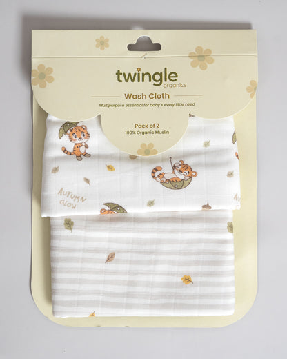 Twingle 100% Organic Muslin Wash Cloths-Soft Terry on the Back for maximum Absorbency-Built In Loop for Everyday Convenience-Roars & Autumn Print-Pack of 2-For Infants
