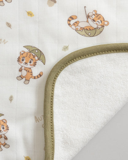 Twingle 100% Organic Muslin Wash Cloths-Soft Terry on the Back for maximum Absorbency-Built In Loop for Everyday Convenience-Roars & Autumn Print-Pack of 2-For Infants