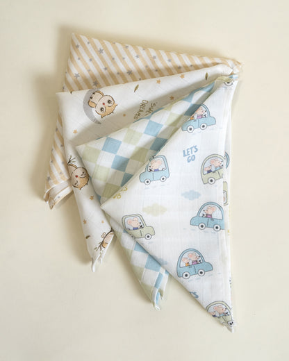 Twingle 100% Organic Muslin Wipes cum Wash Cloth-Naturally Softens With Each Wash-Quick Dry Fabric-Driver-Checks-Owls & Stars Print-Pack of 4-For Infants